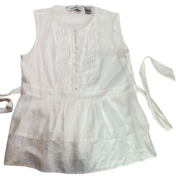 Mandarine Blue Linen White Eyelet Pin Tuck Top Medium Cottagecore Coastal - Picture 11 of 11